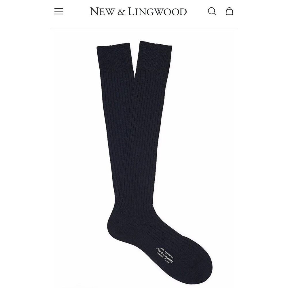 New & Lingwood Sz L Long Black Ribbed Socks 95% Mercerized Cotton Made In Greece